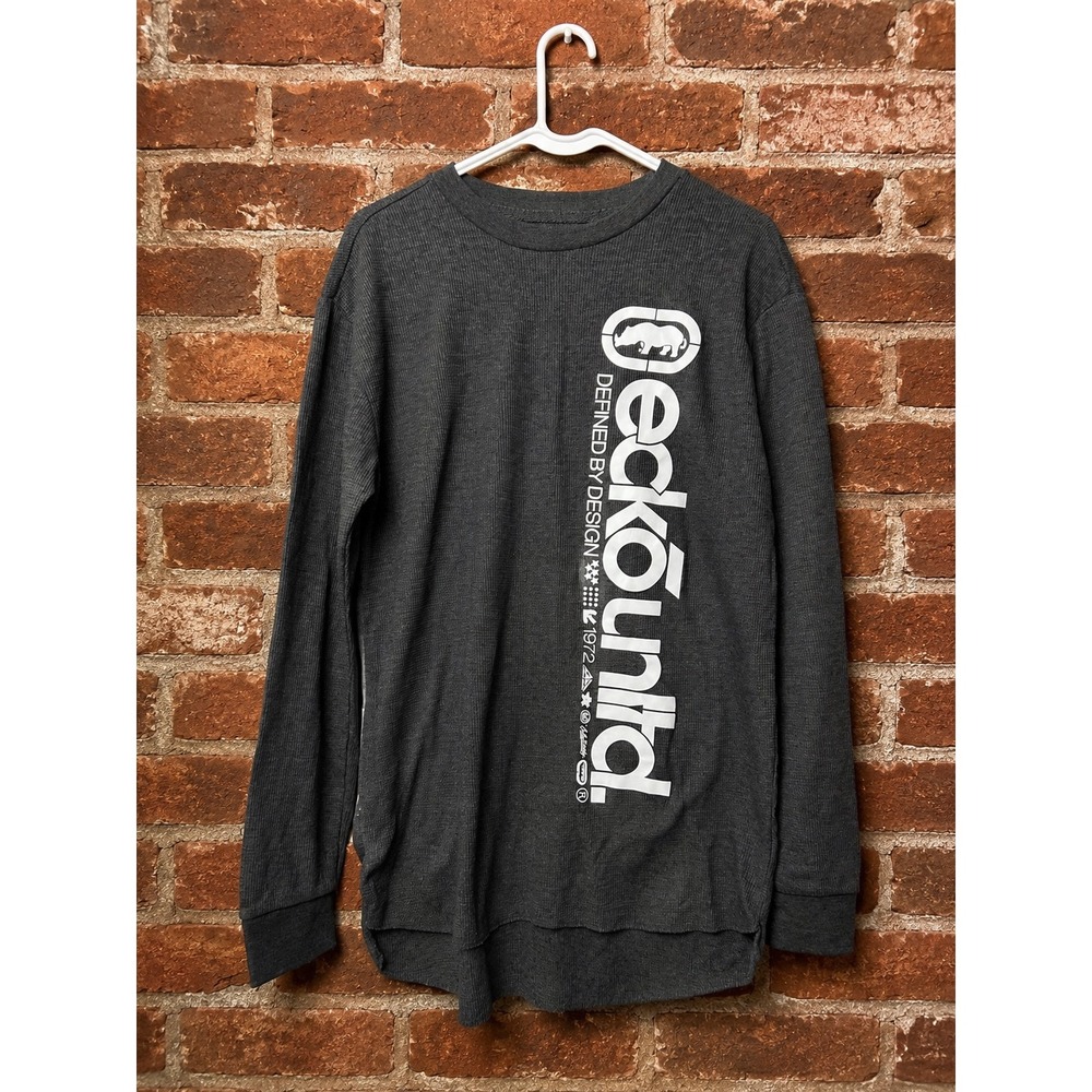 Ecko Unltd XL Gray Waffle Knit Thermal Long Sleeve Graphic Y2K Skater Retro Fall